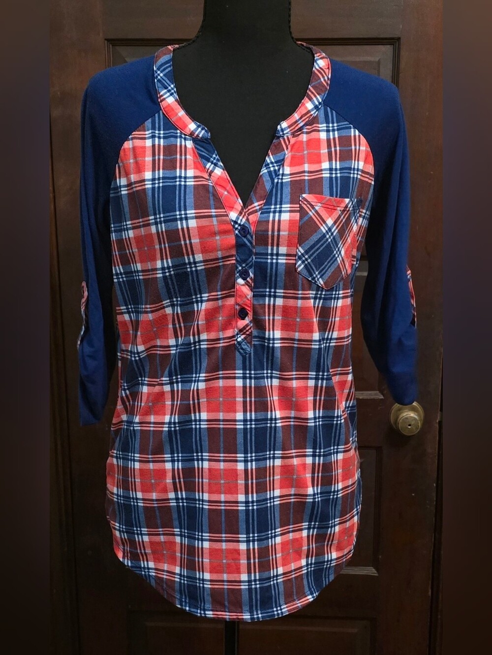 Bobbie Brooks Red Navy Plaid Henley Raglan Shirt